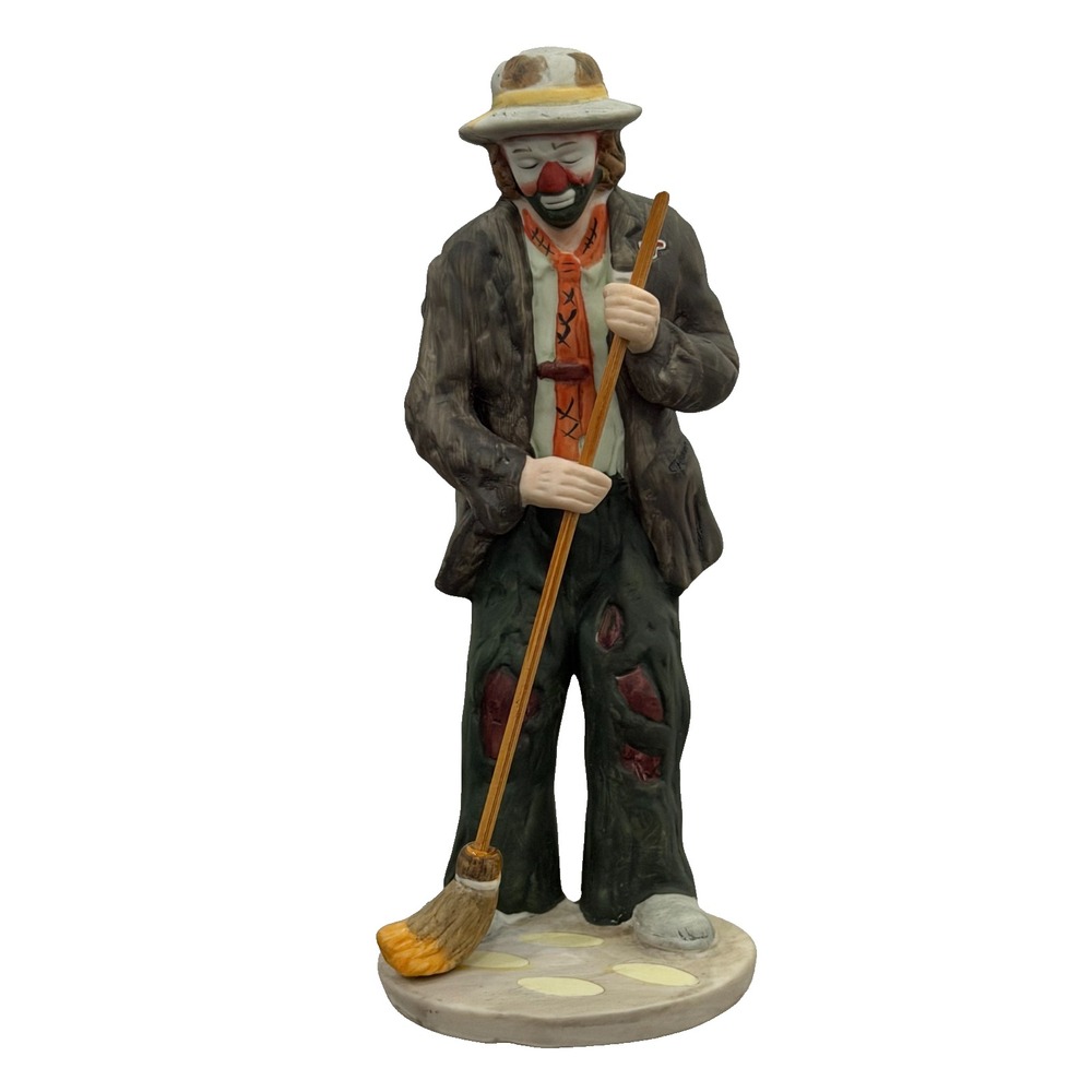 Vintage Emmett Kelly Jr. Hobo Clown Sweeping with Broom Figurine Flambro 7.75" T